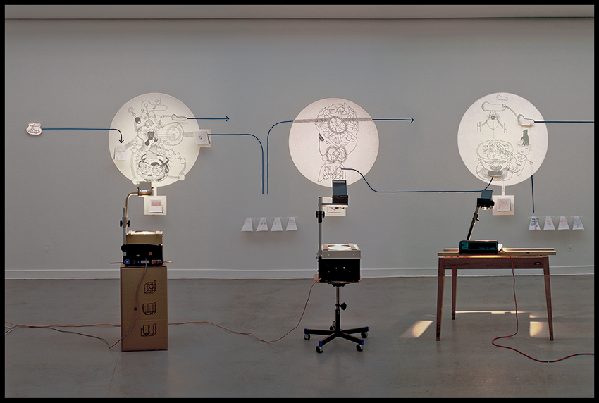 Hannes Kater: Einen sinnvollen Satz machen I, 4 von 11 Overheadprojektoren, Kunstverein Hannover, 1998. Foto: Hannes Kater