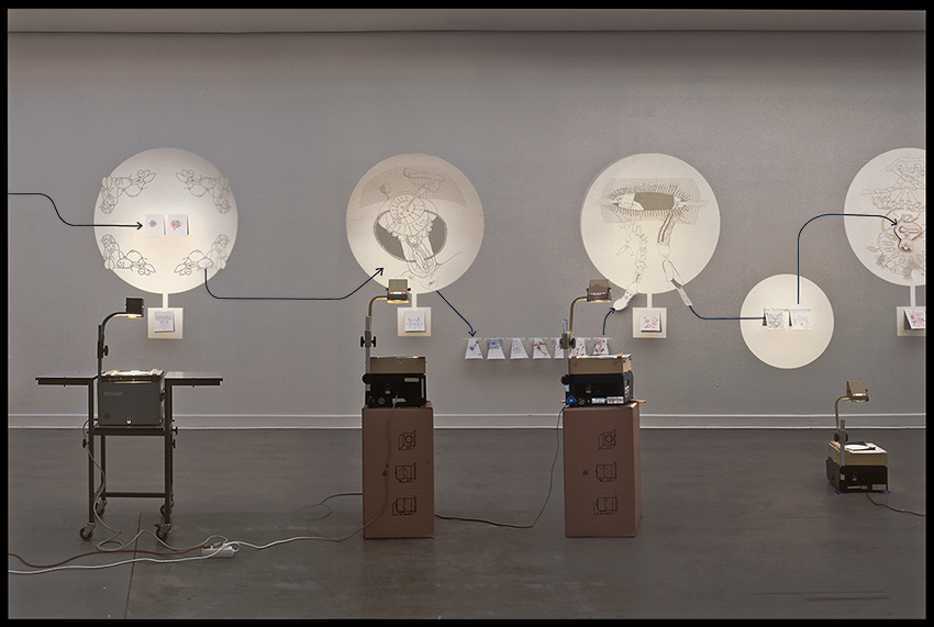 Hannes Kater: Einen sinnvollen Satz machen I, 5 von 11 Overheadprojektoren, Kunstverein Hannover, 1998. Foto: Hannes Kater